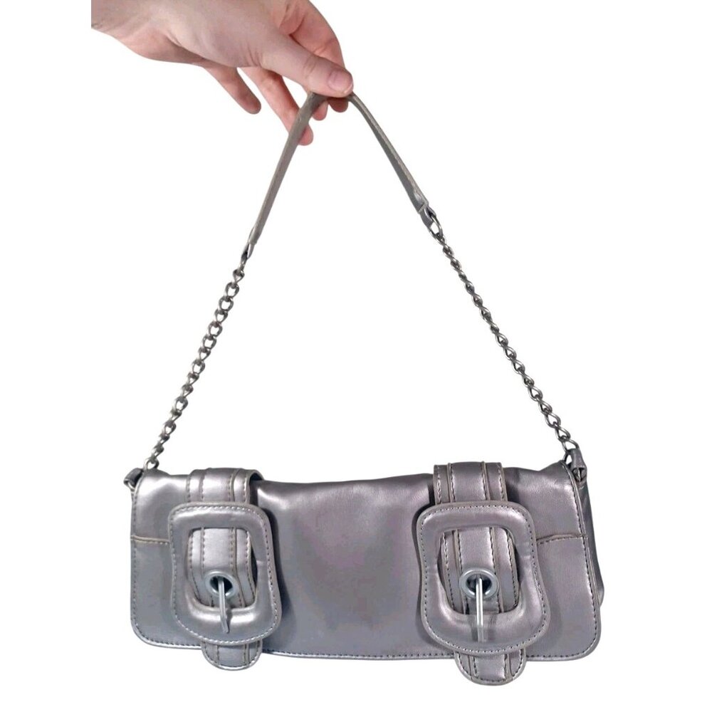 Vintage Y2K 90s Silver Metallic Big Buckle Micro Mini Cyber Rave Shoulder Bag